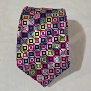 Duchamp London Hand Made England Silk Necktie Multi Square Geo  3 5/8" x 59 1/2"